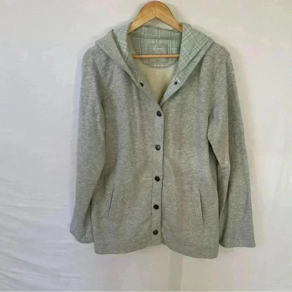 L.L. Bean Hooded Button Up Cardigan/Jacket Marbled Grey with Green Lining Size L